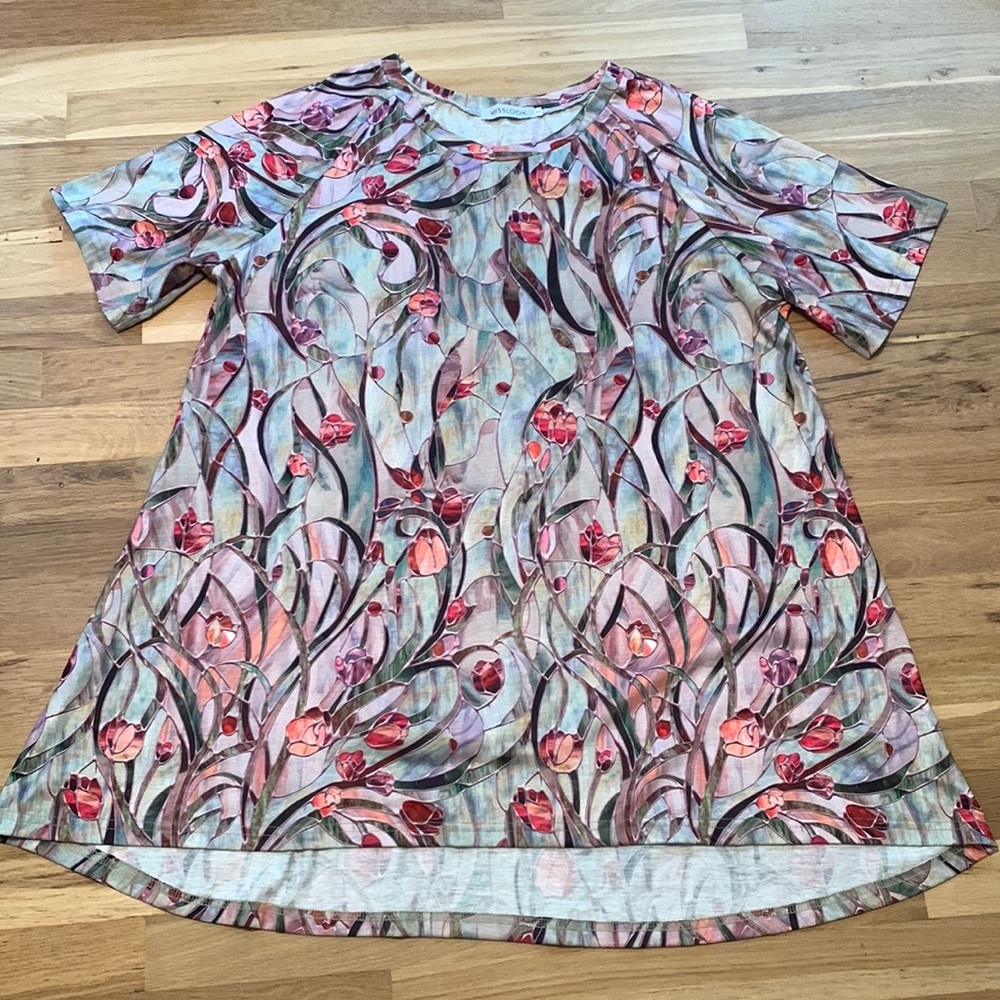 MISSLOOK Crewneck Short Sleeve Oversized Floral Stained Glass top Women’s L